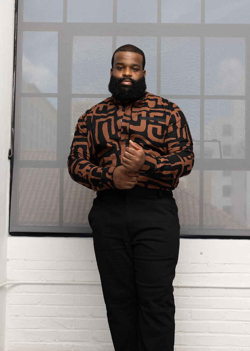 Jamal Men's African Print Mandarin Collar Shirt (Espresso Geometric)