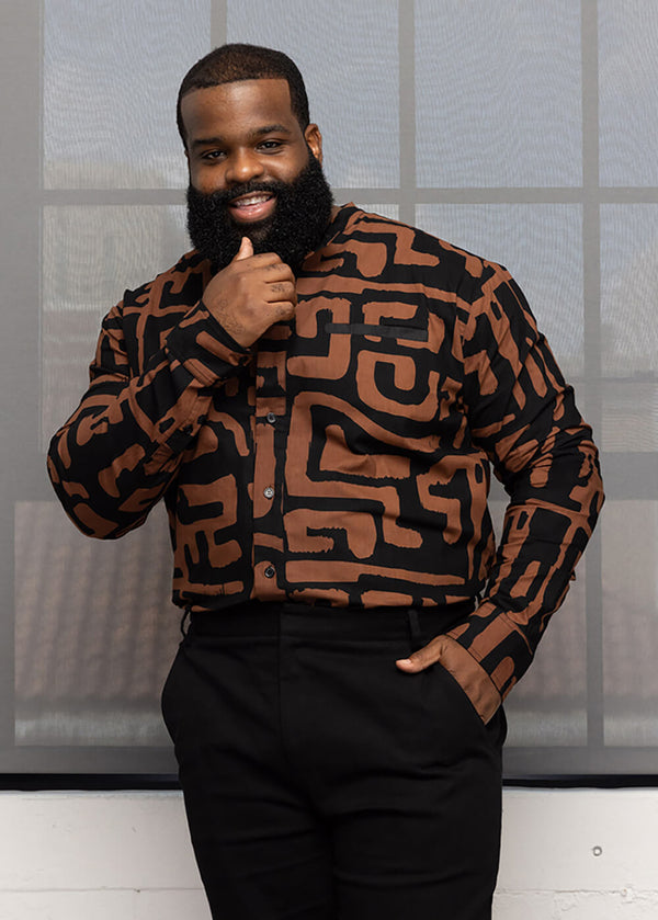 Jamal Men's African Print Mandarin Button-Up Shirt (Espresso Geometric)