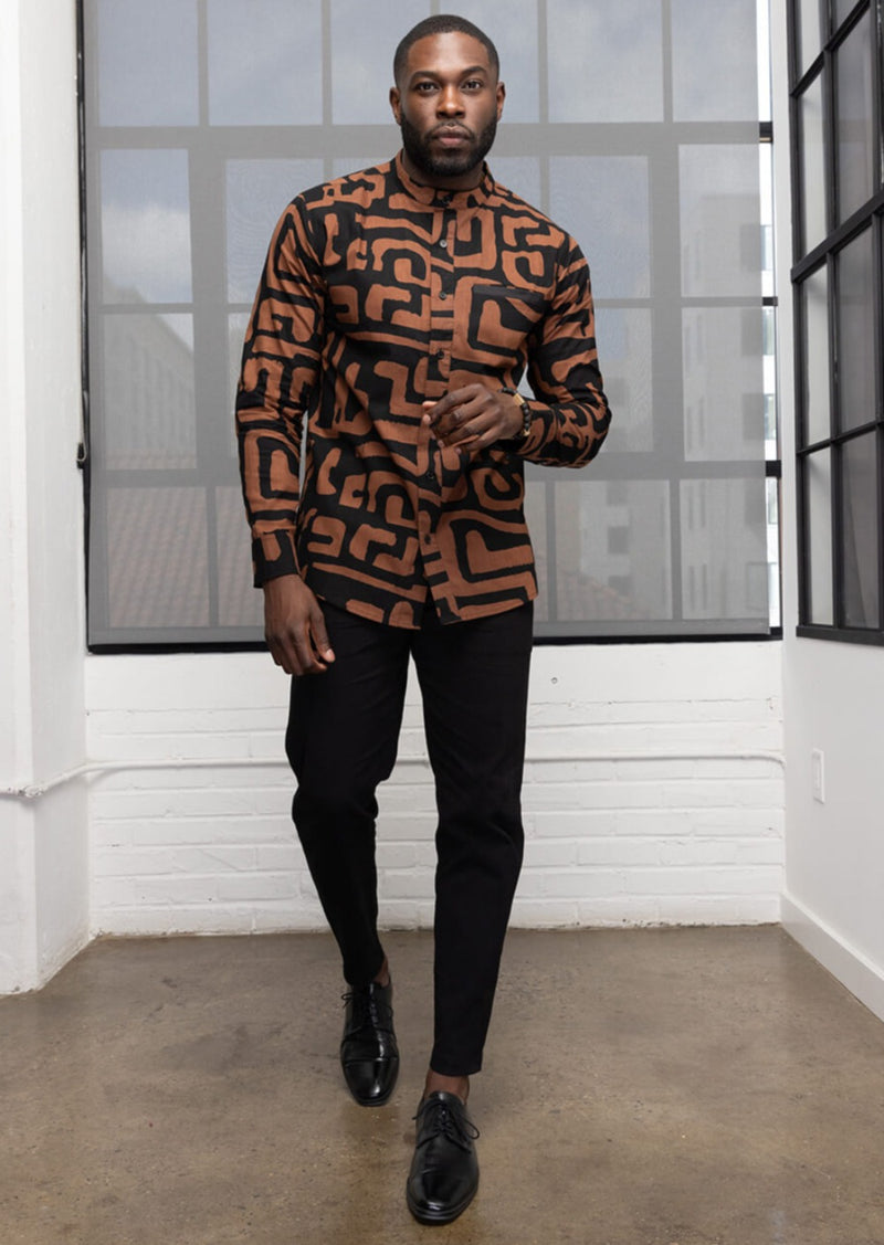 Jamal Men's African Print Mandarin Button-Up Shirt (Espresso Geometric)