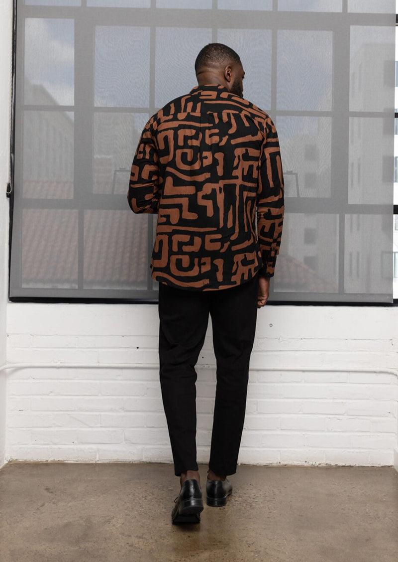 Jamal Men's African Print Mandarin Button-Up Shirt (Espresso Geometric)