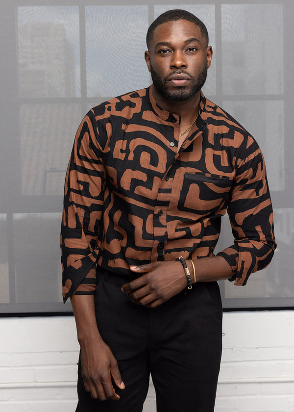 Jamal Men's African Print Mandarin Button-Up Shirt (Espresso Geometric)