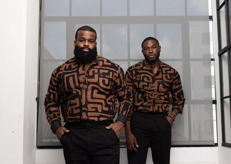 Jamal Men's African Print Mandarin Collar Shirt (Espresso Geometric)