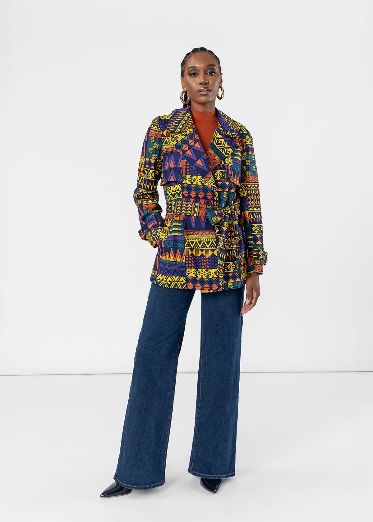 Jameela Women's African Print Utility Cropped trench Coat (Navy Gold Kente) - D'IYANU