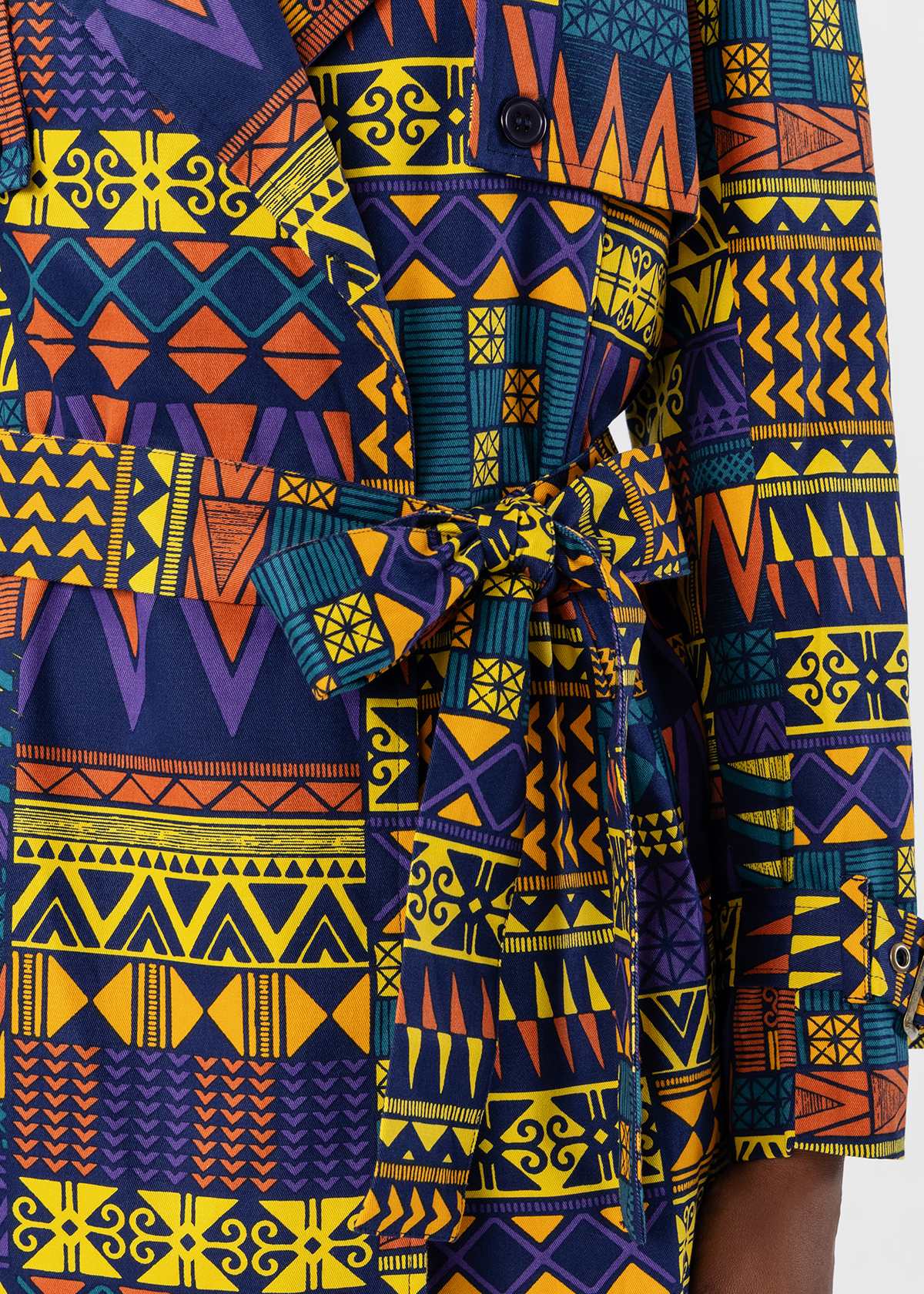 Jameela Women's African Print Utility Cropped trench Coat (Navy Gold Kente) - D'IYANU