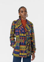 Jameela Women's African Print Utility Cropped trench Coat (Navy Gold Kente) - D'IYANU