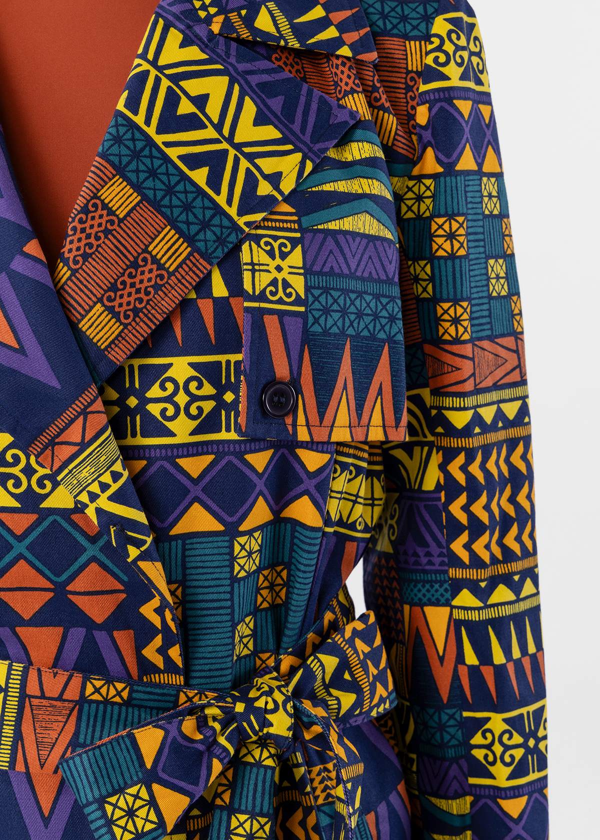 Jameela Women's African Print Utility Cropped trench Coat (Navy Gold Kente) - D'IYANU