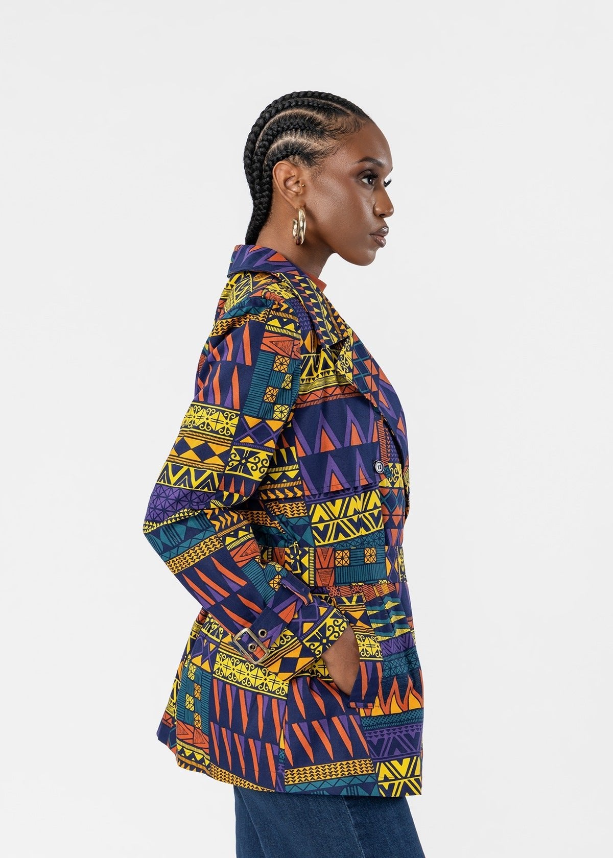 Jameela Women's African Print Utility Cropped trench Coat (Navy Gold Kente) - D'IYANU