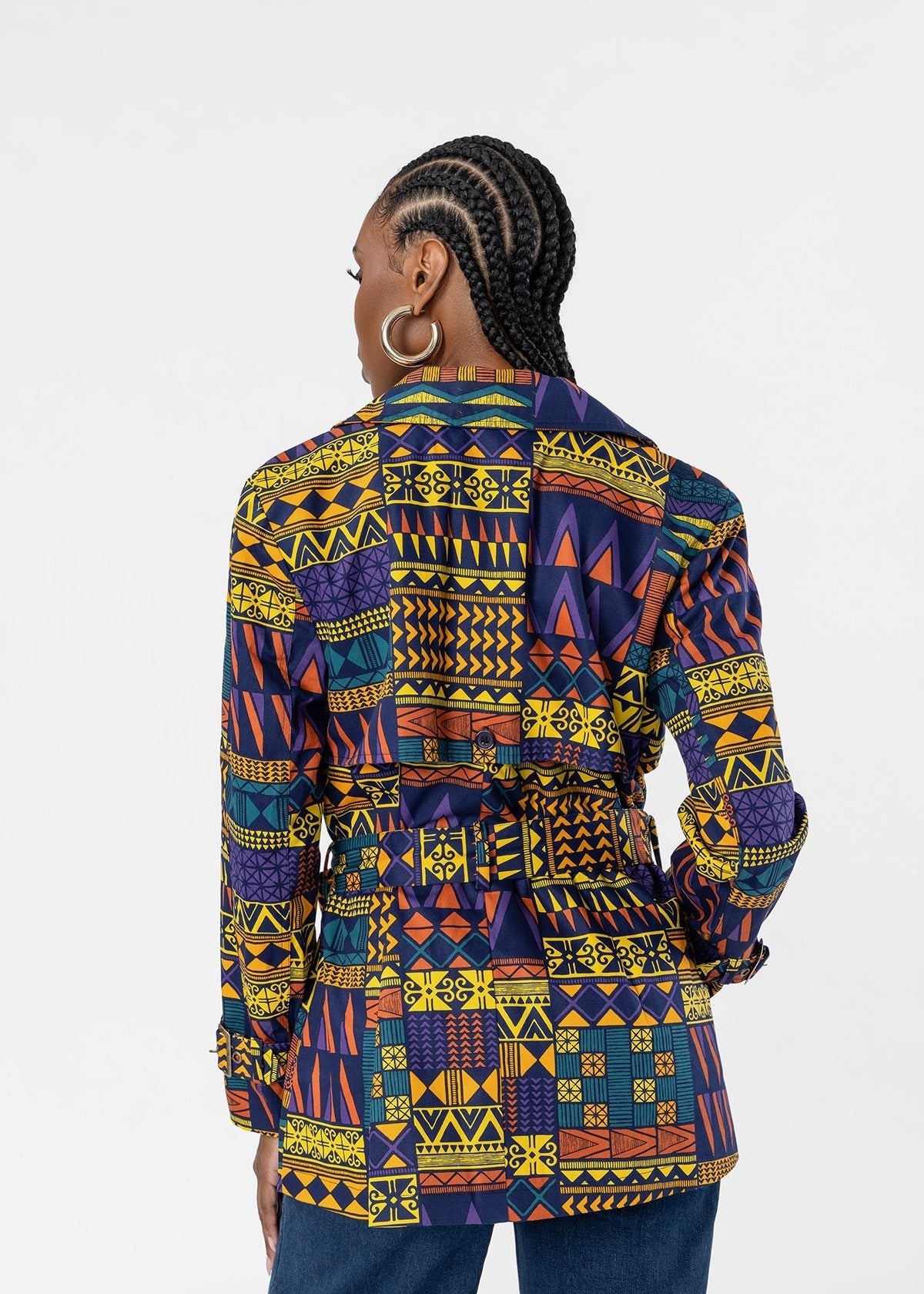 Jameela Women's African Print Utility Cropped trench Coat (Navy Gold Kente) - D'IYANU