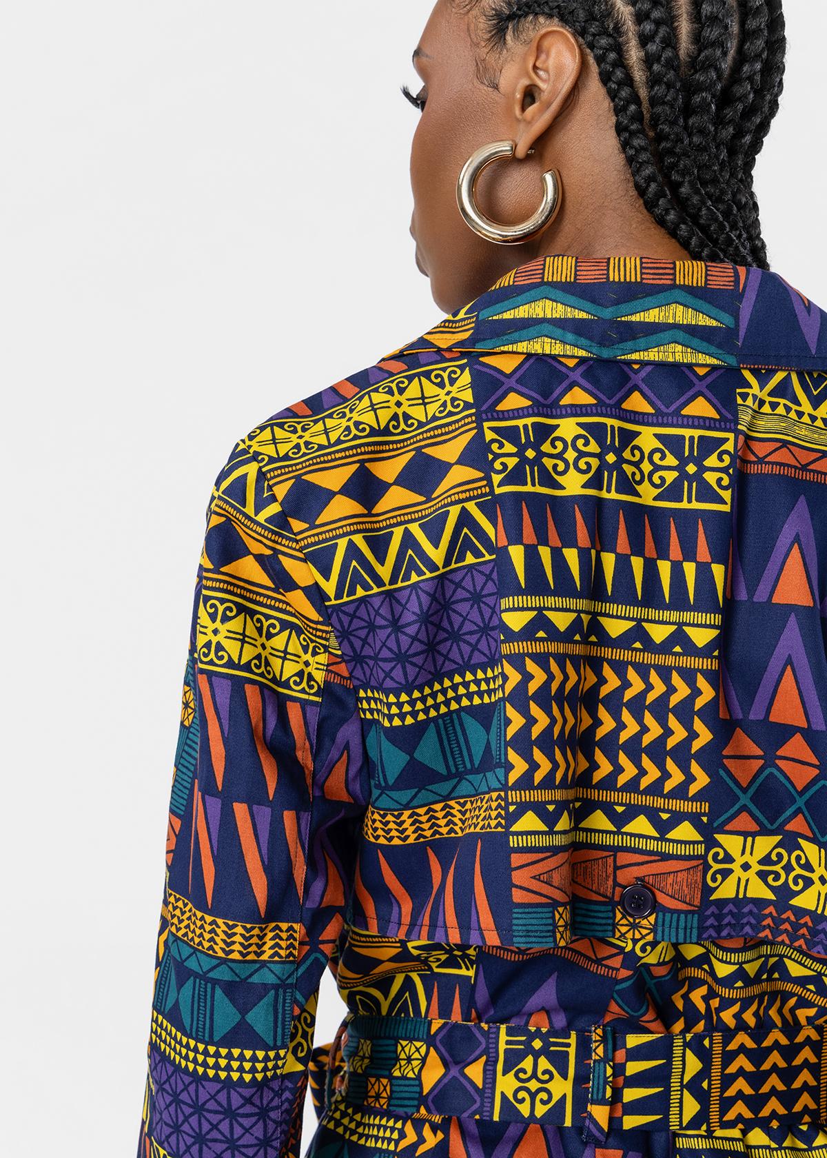 Jameela Women's African Print Utility Cropped trench Coat (Navy Gold Kente) - D'IYANU