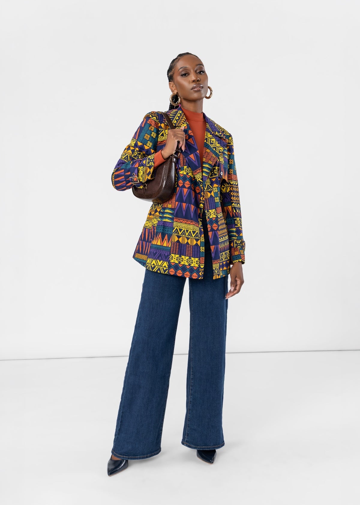 Jameela Women's African Print Utility Cropped trench Coat (Navy Gold Kente) - D'IYANU