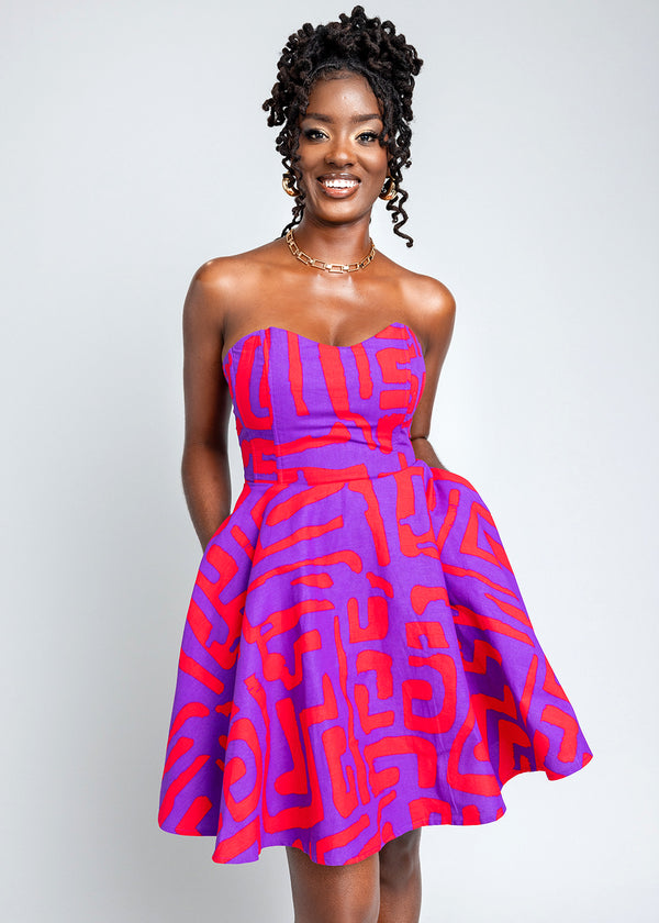 Jioni Women's African Print Corset Dress (Purple Red Geometric)