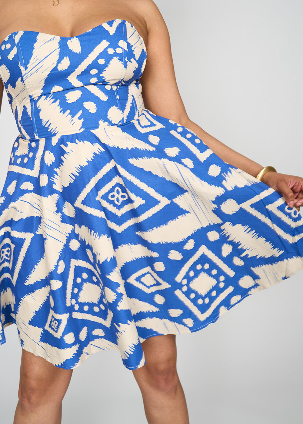 Jioni Women s African Print Corset Dress Navy Tan Batik