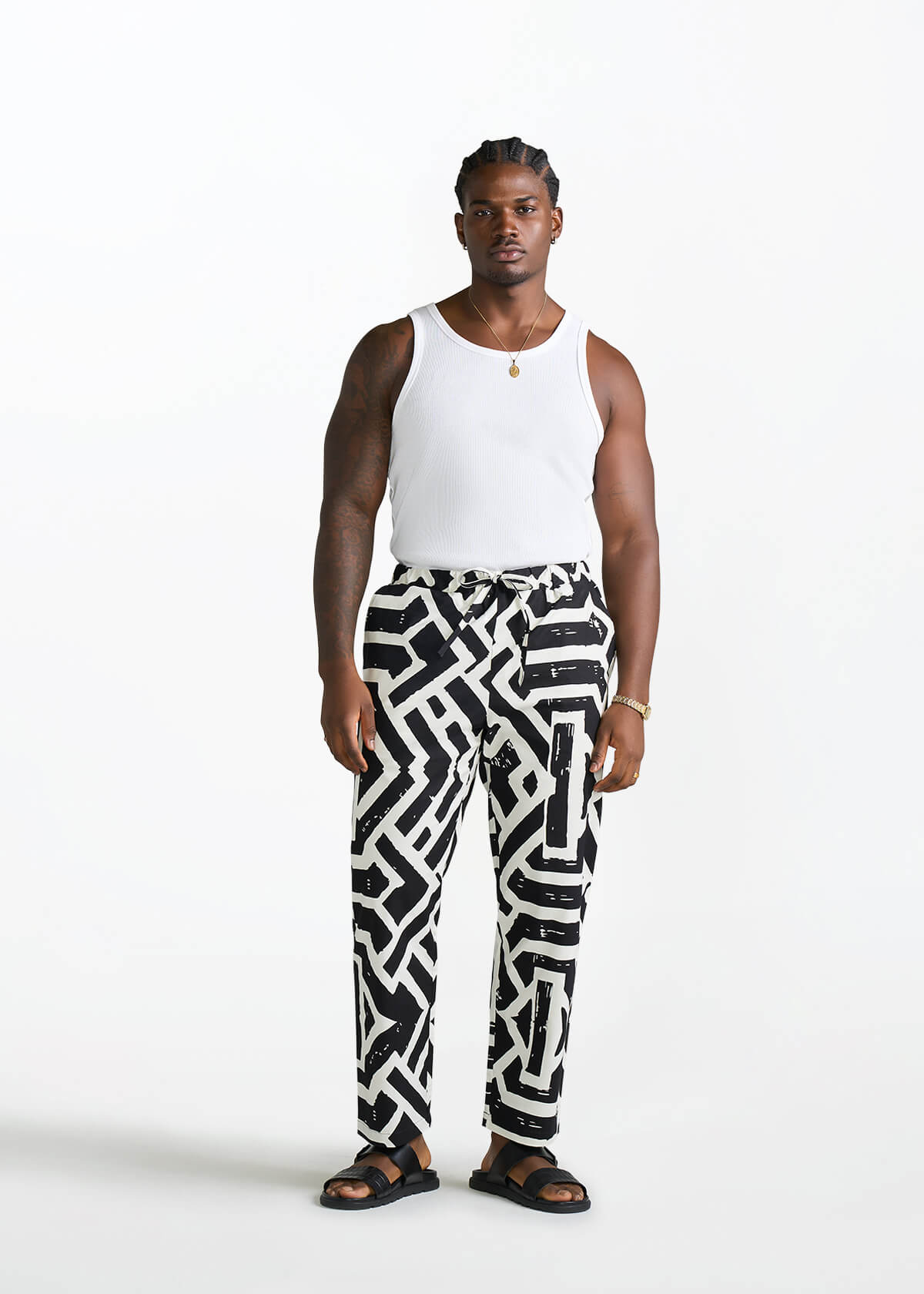 Kazi Men's African Print Stretch Pants (Onyx Cream Tribal) - D'IYANU