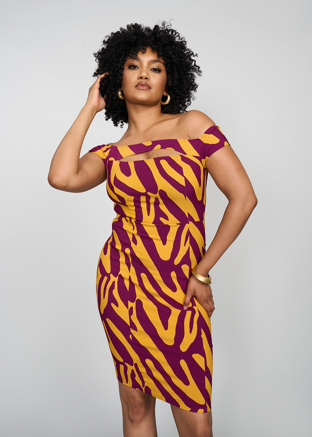 Keruba Women's African Print Stretch Dress (Gold Zebra Abstract) - Clearance