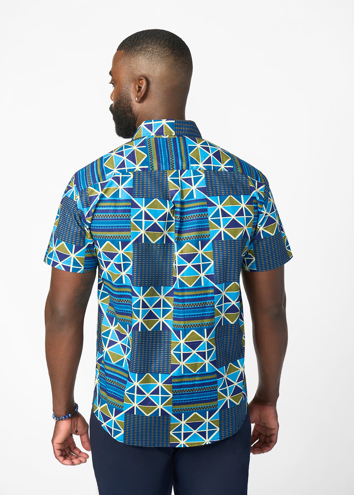 Keyon Men's African Print Button-up Shirt (Navy Olive Kente)