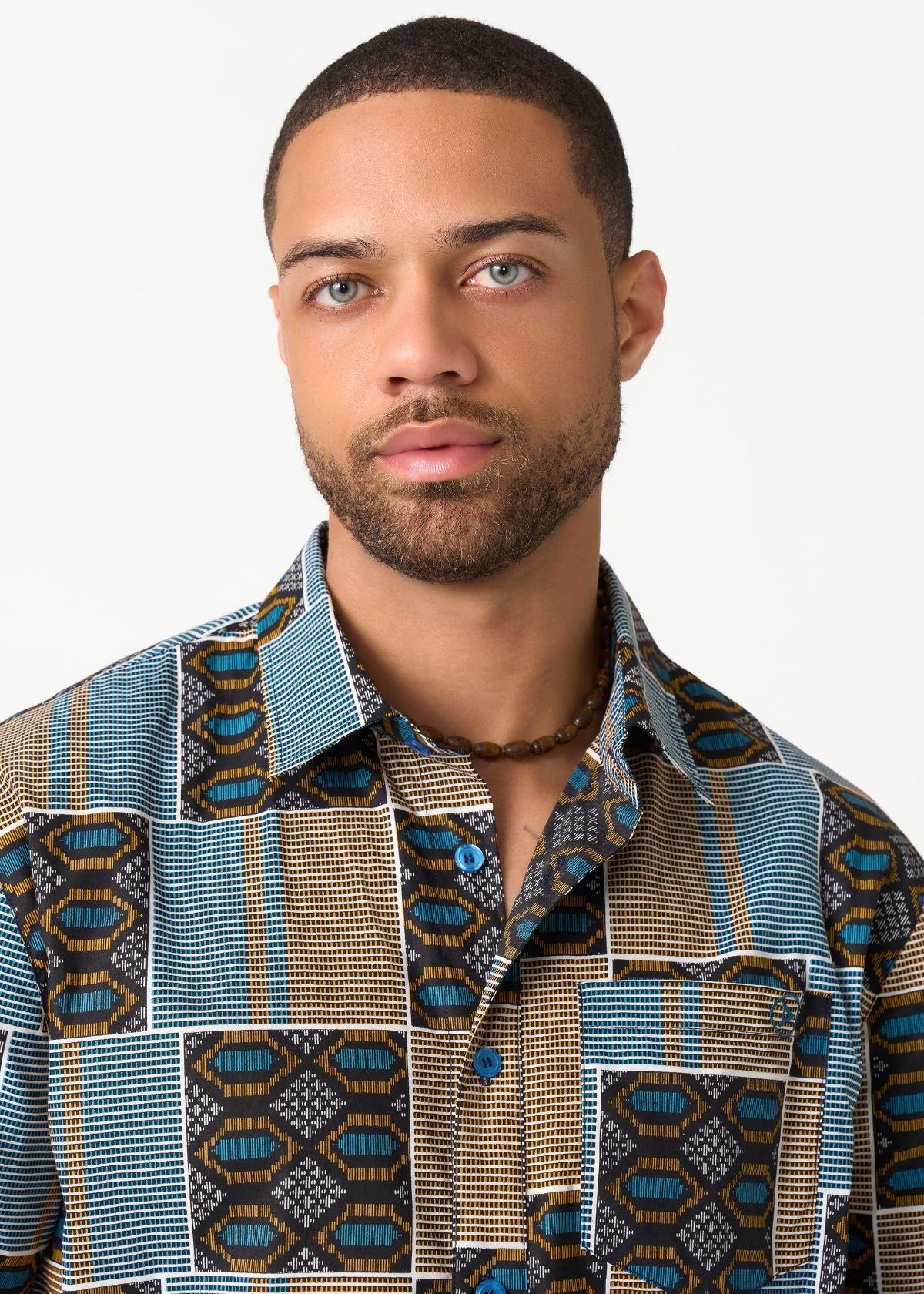 Keyon Men's African Print Button-up Shirt (Blue Tan Kente) - D'IYANU