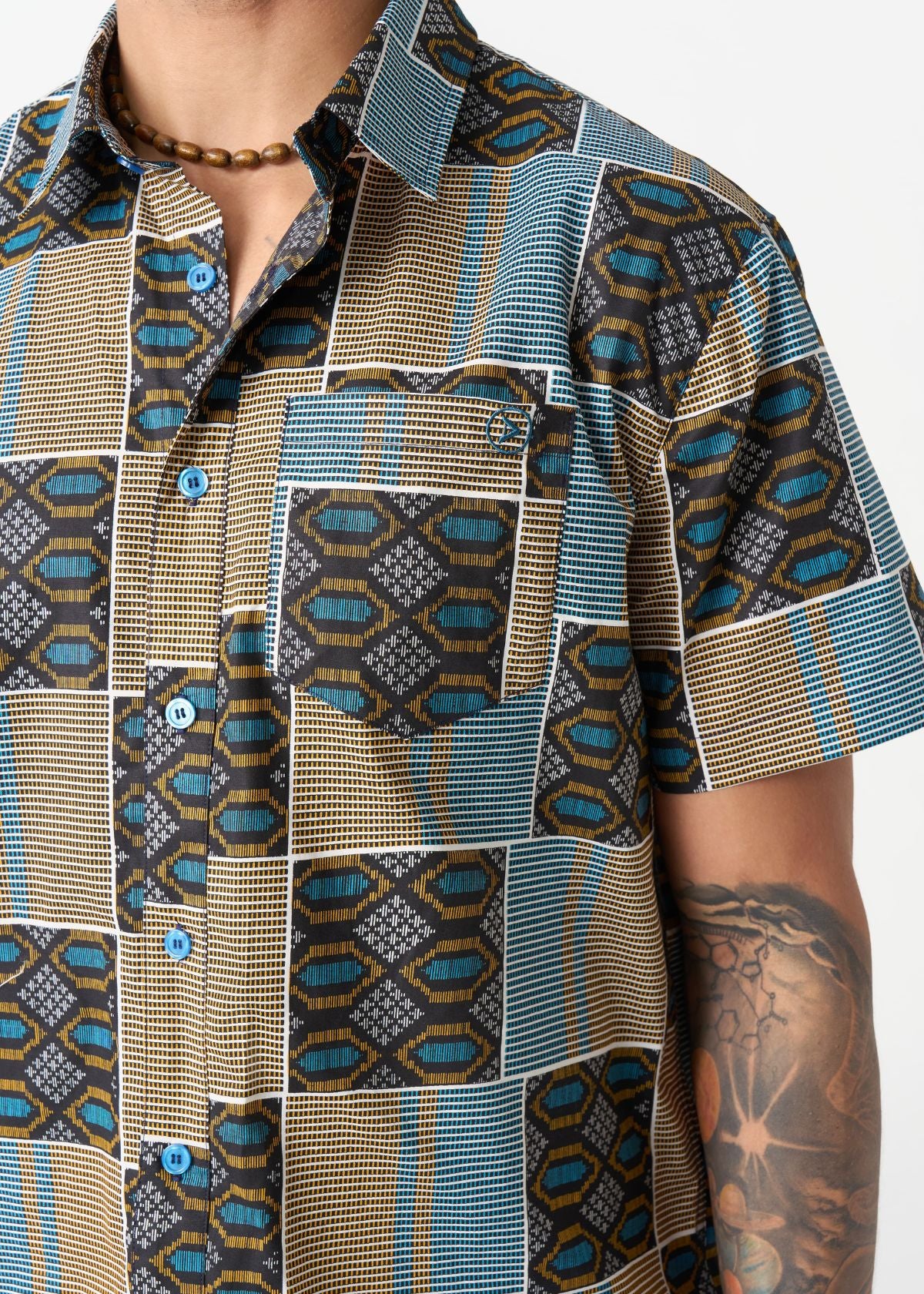 Keyon Men's African Print Button-up Shirt (Blue Tan Kente) - D'IYANU