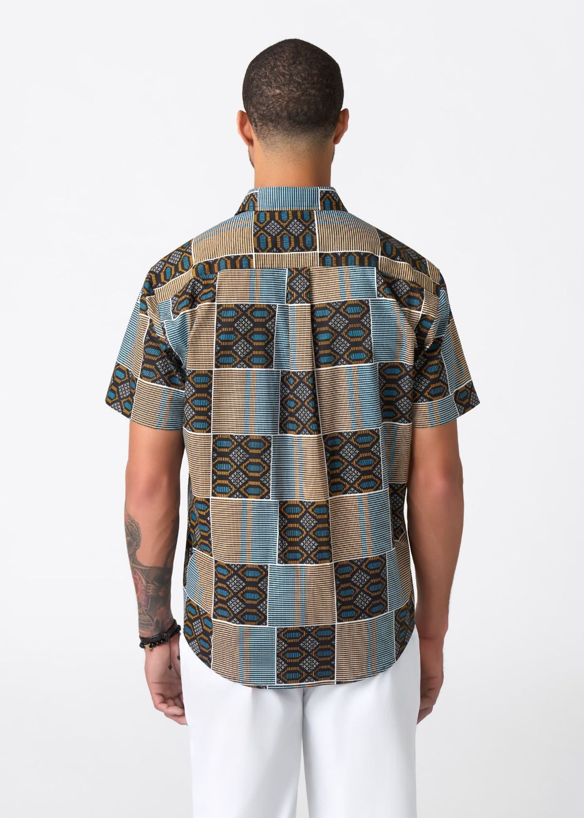 Keyon Men's African Print Button-up Shirt (Blue Tan Kente) - D'IYANU