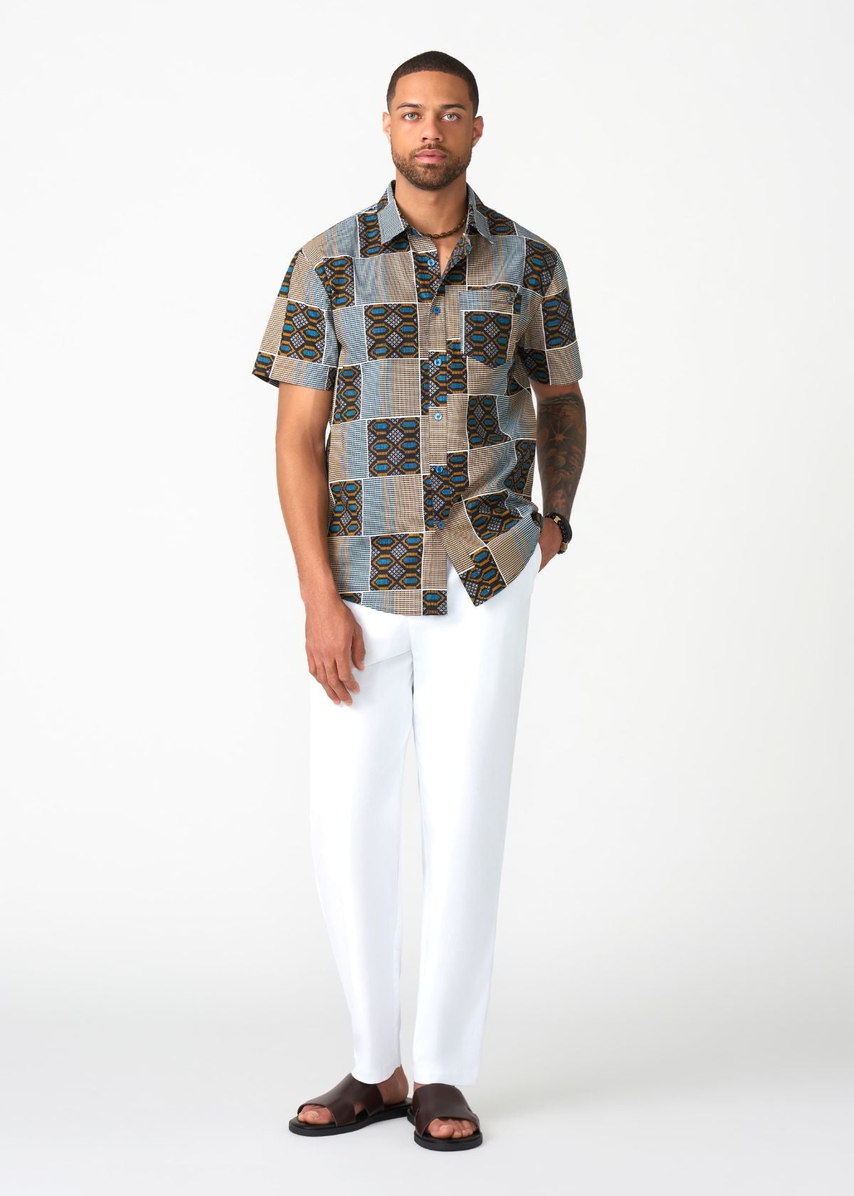 Keyon Men's African Print Button-up Shirt (Blue Tan Kente) - D'IYANU