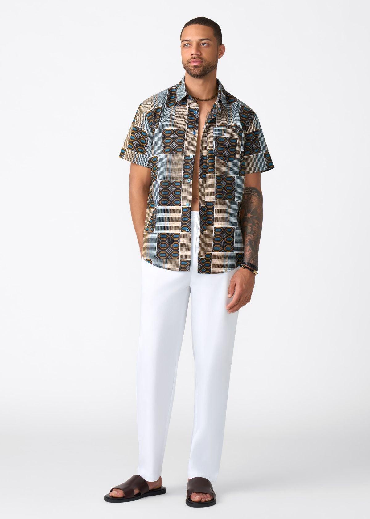 Keyon Men's African Print Button-up Shirt (Blue Tan Kente) - D'IYANU