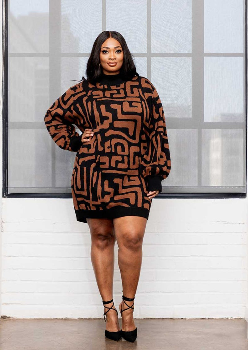Keziah Women's African Print Sweater Dress (Espresso Geometric)