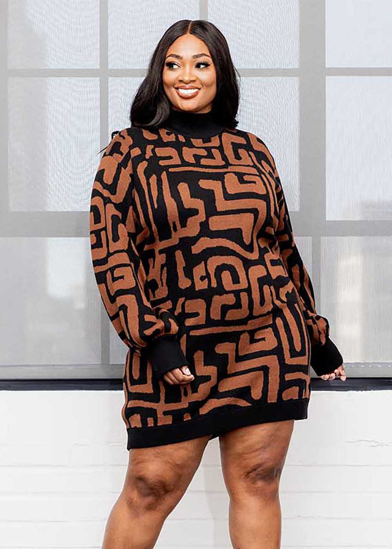 Keziah Women's African Print Sweater Dress (Espresso Geometric)