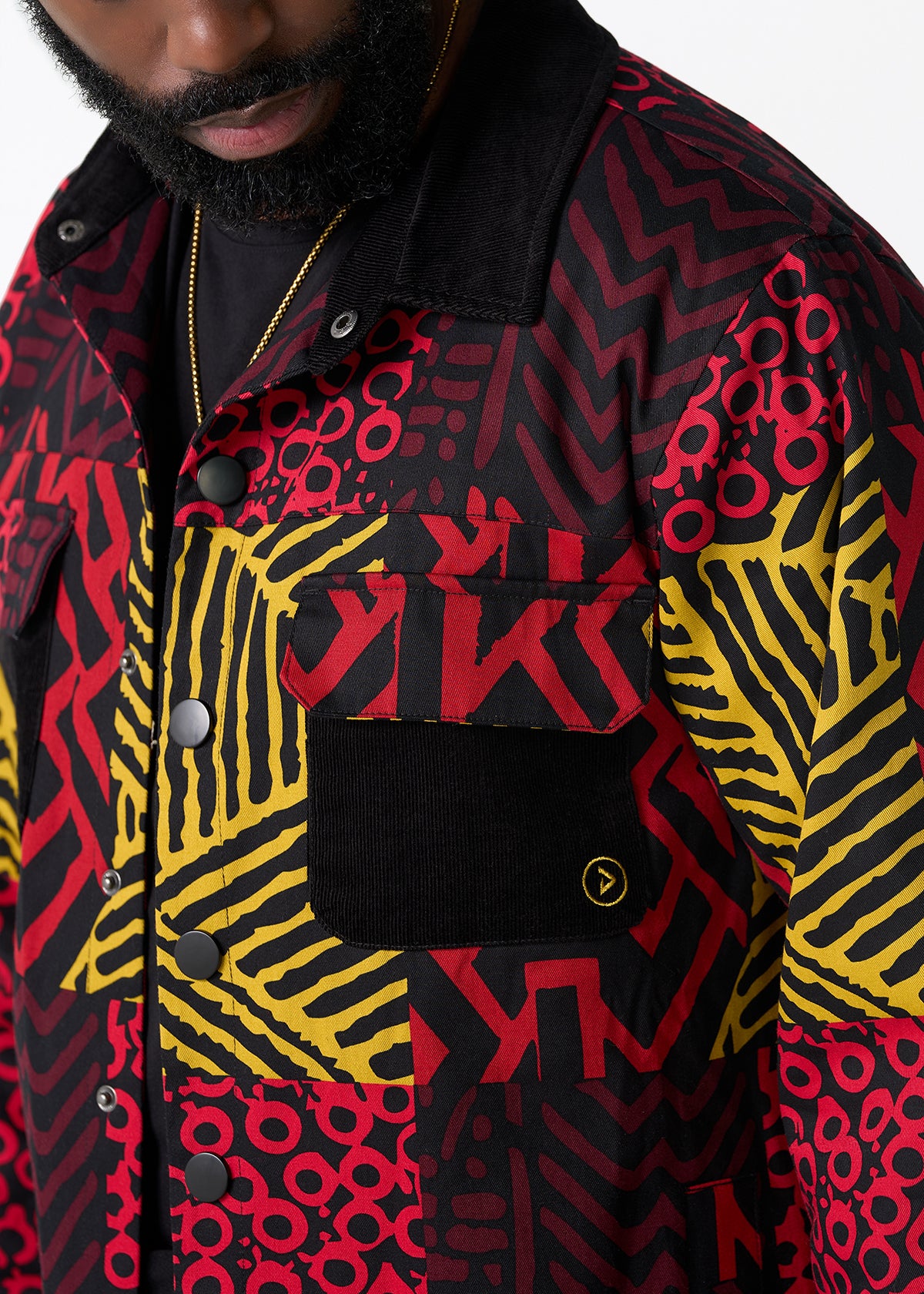 Khalid Men's African Print Twill Shirt Jacket (Black Cherry Multipattern)