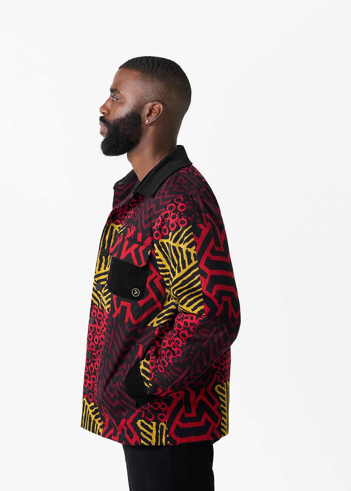 Khalid Men's African Print Twill Shirt Jacket (Black Cherry Multipattern)