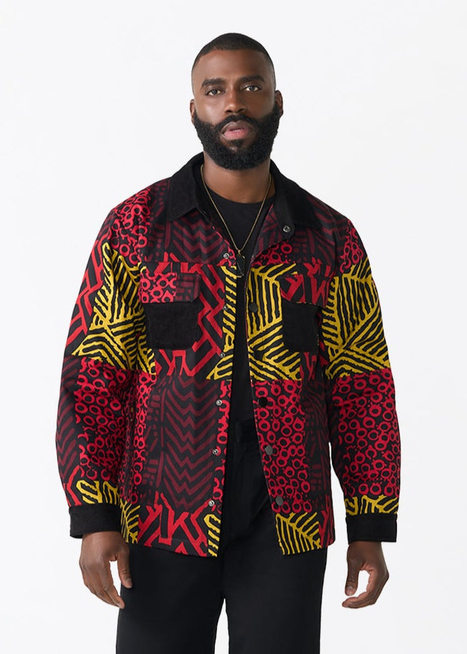 Khalid Men's African Print Twill Shirt Jacket (Black Cherry Multipattern)