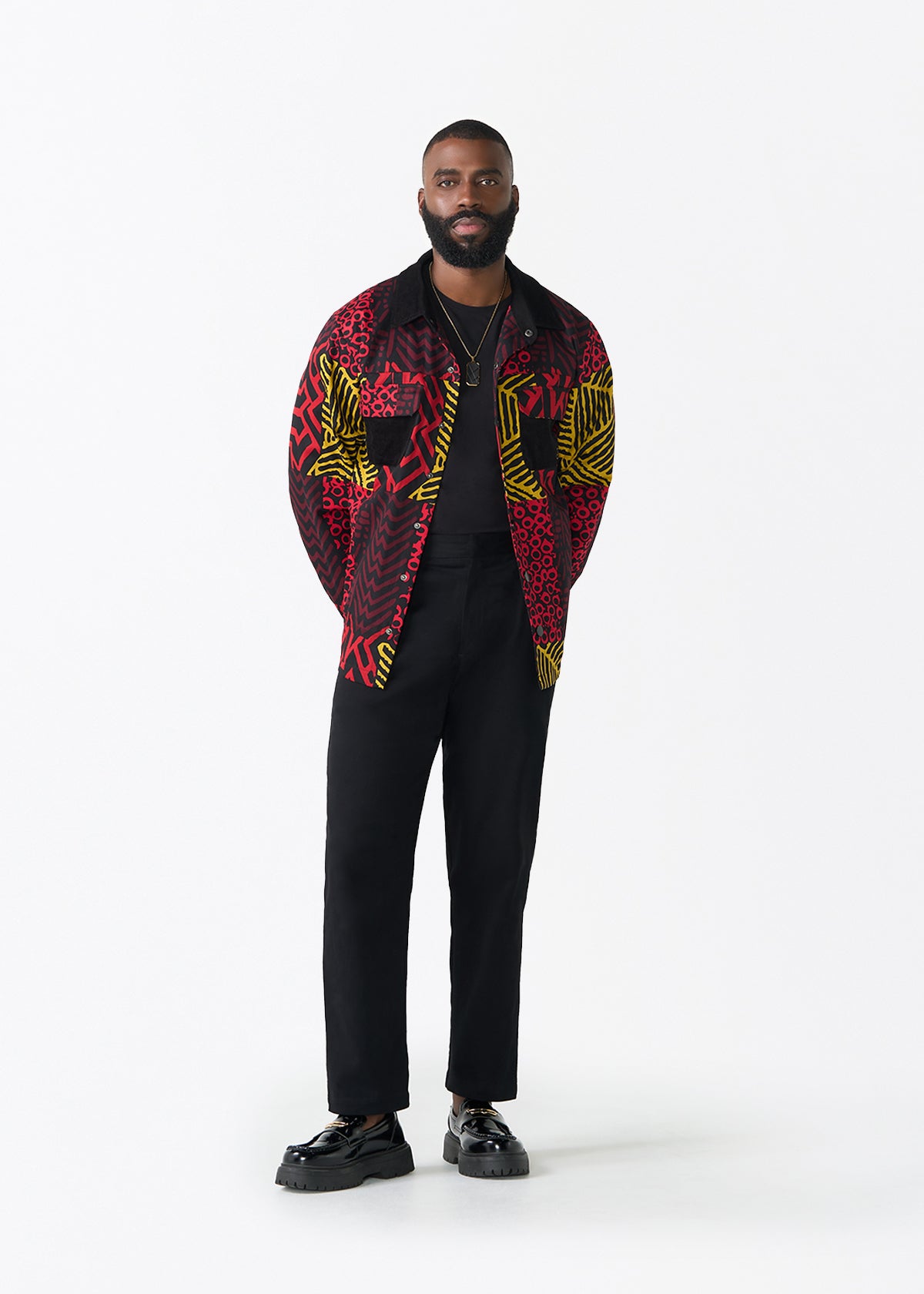 Khalid Men's African Print Twill Shirt Jacket (Black Cherry Multipattern)