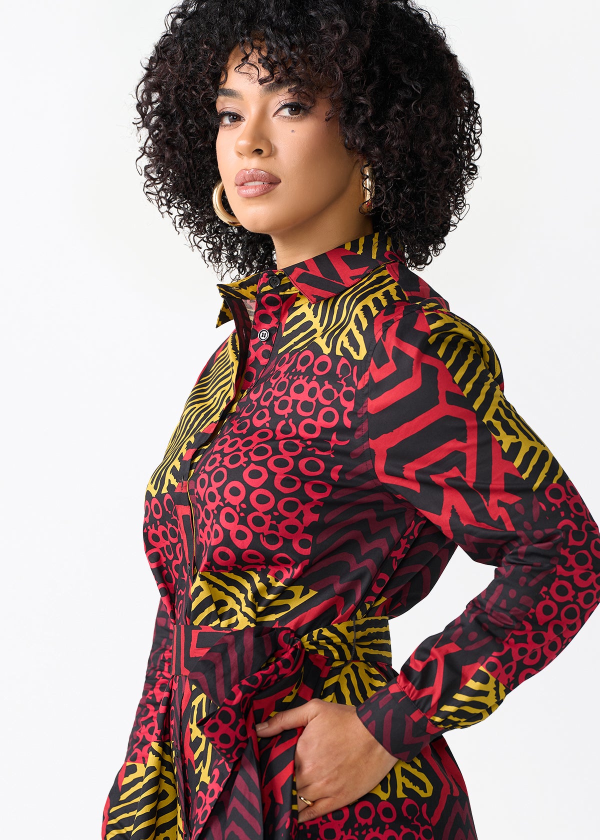 Kianga Women's African Print Shirt Dress (Black Cherry Multipattern)