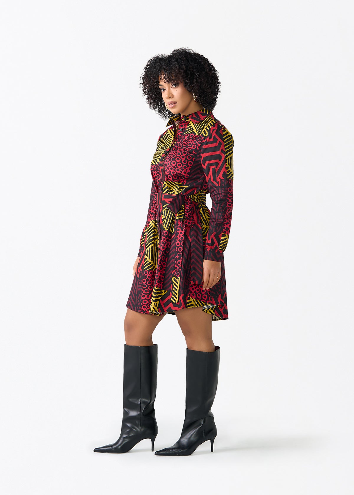 Kianga Women's African Print Shirt Dress (Black Cherry Multipattern)