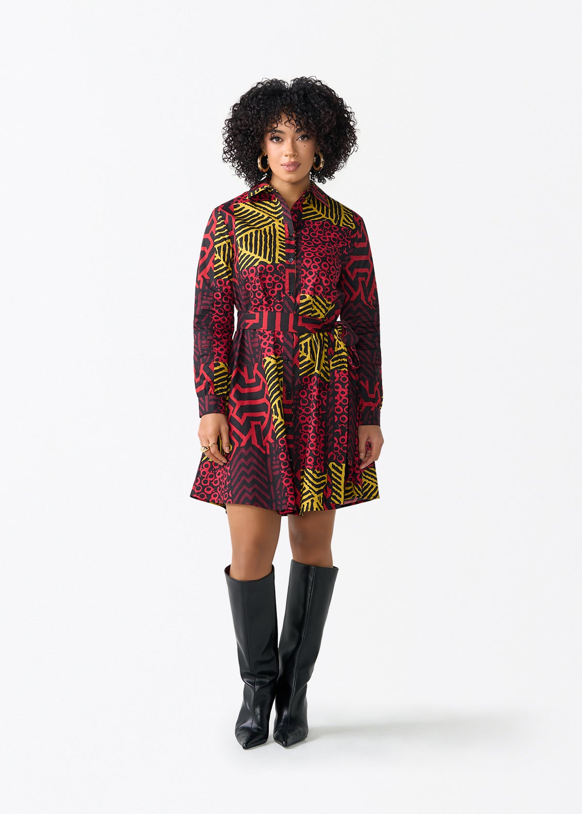 Kianga Women's African Print Shirt Dress (Black Cherry Multipattern)
