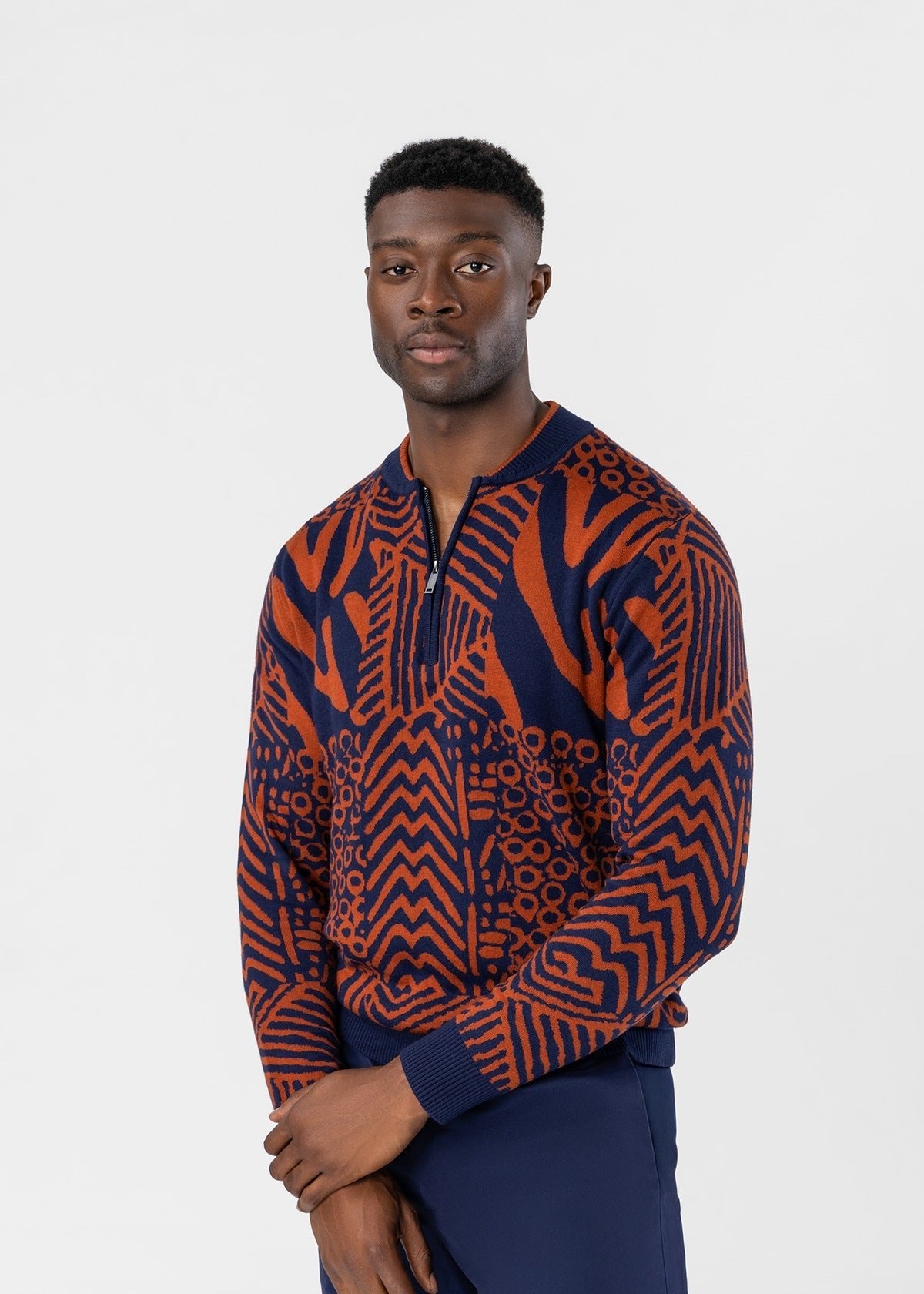 Kibo Men's African Print Quarter-Zip Sweater (Rust Navy Multipattern) - D'IYANU