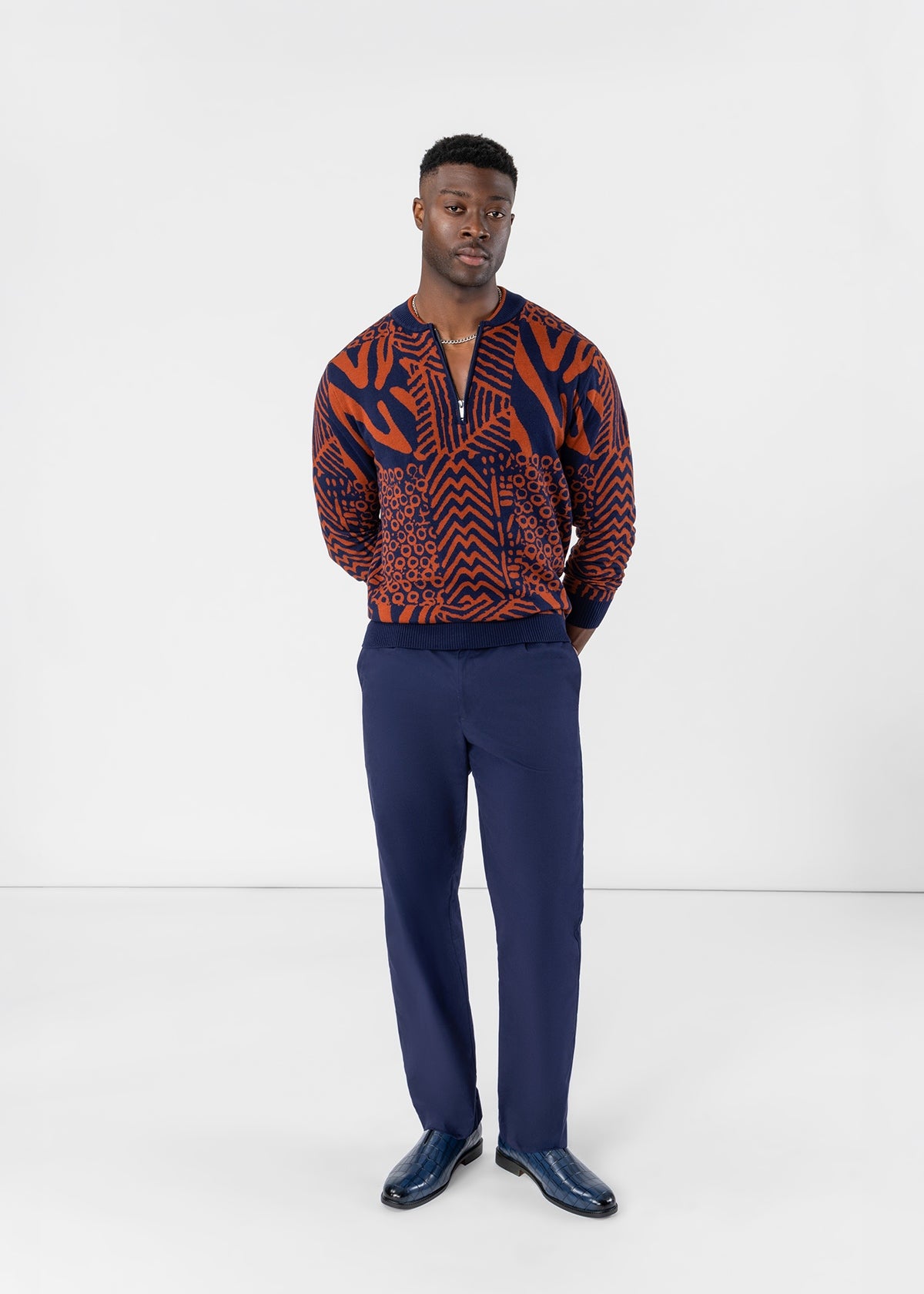 Kibo Men's African Print Quarter-Zip Sweater (Rust Navy Multipattern) - D'IYANU