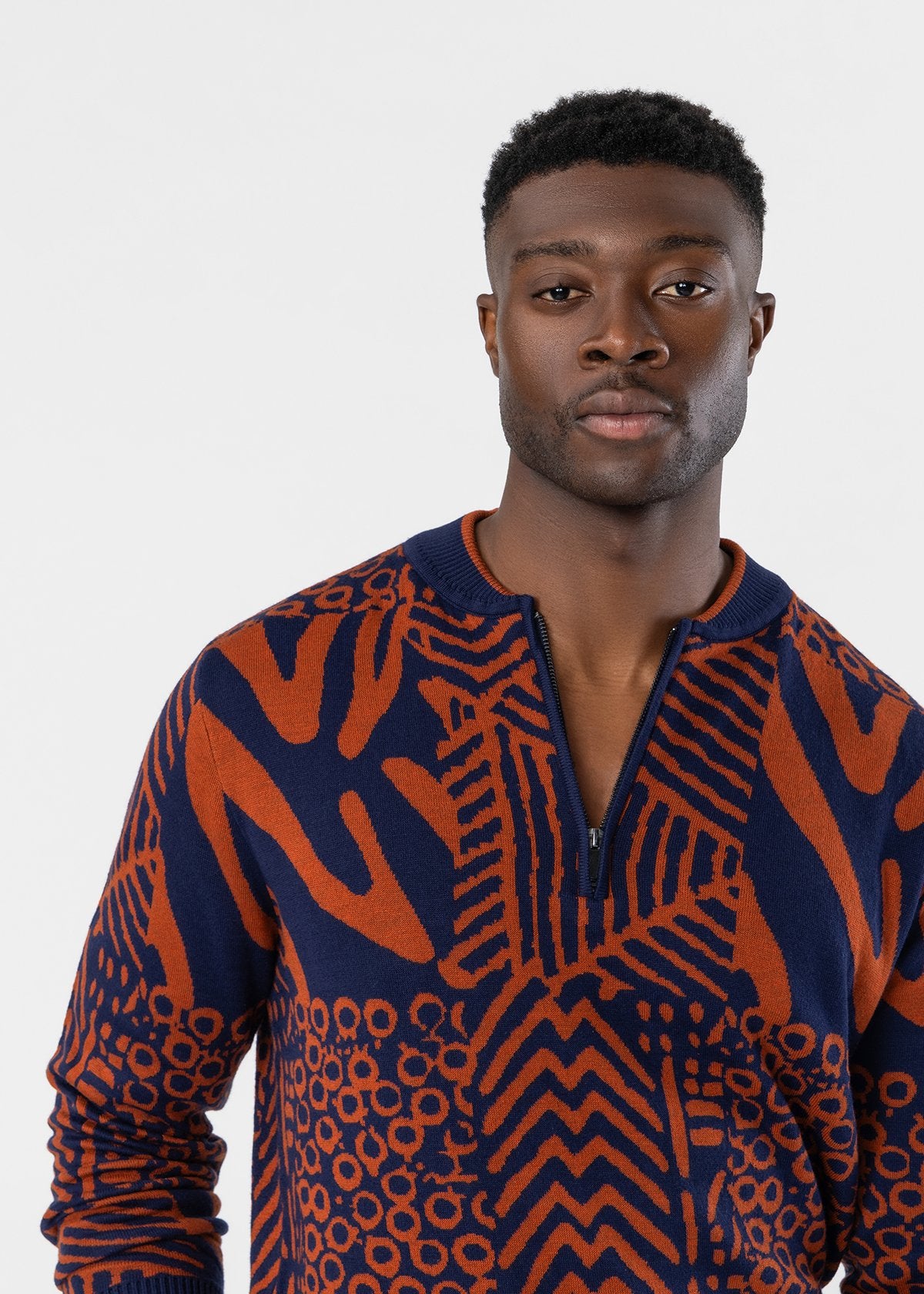 Kibo Men's African Print Quarter-Zip Sweater (Rust Navy Multipattern) - D'IYANU