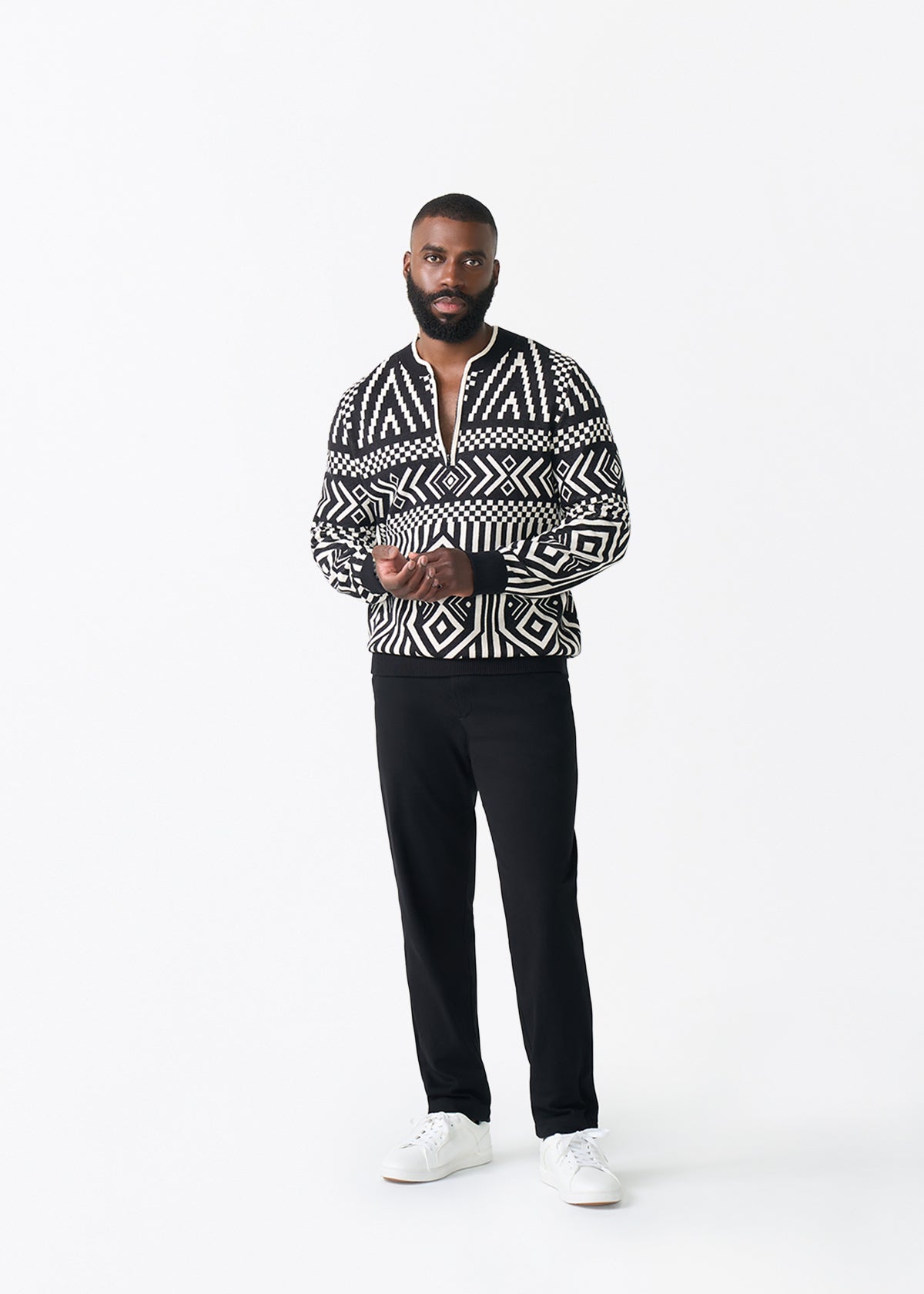 Kibo Men's African Print Quarter-Zip Sweater (Black Cream Tribal)