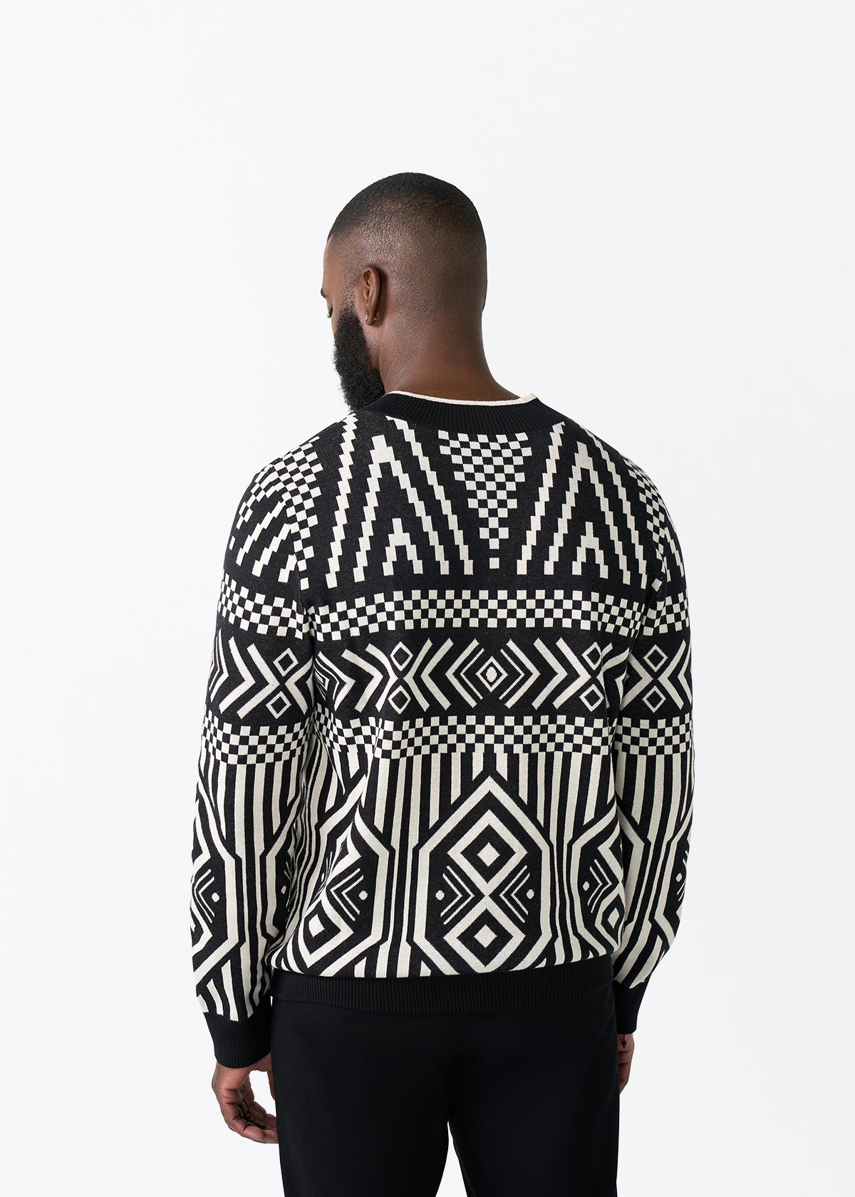Kibo Men's African Print Quarter-Zip Sweater (Black Cream Tribal)