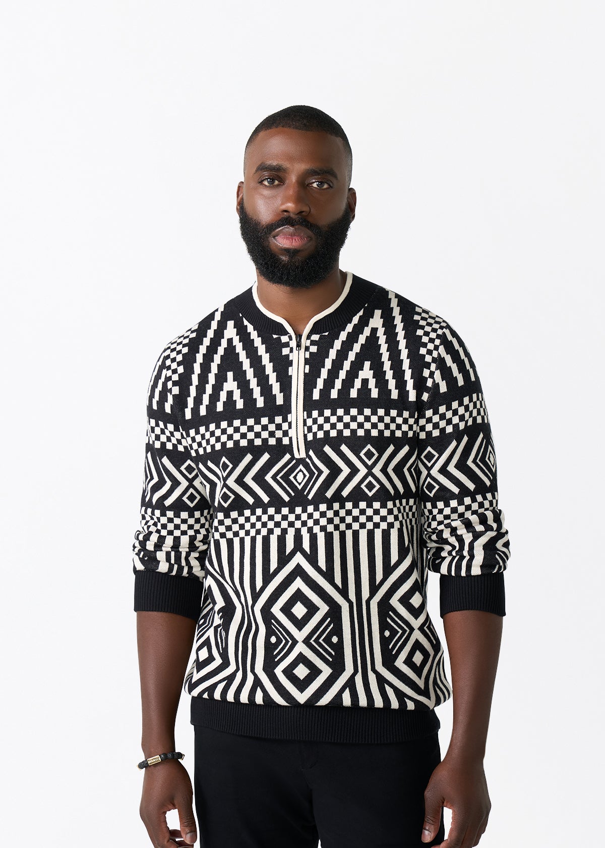 Kibo Men's African Print Quarter-Zip Sweater (Black Cream Tribal)