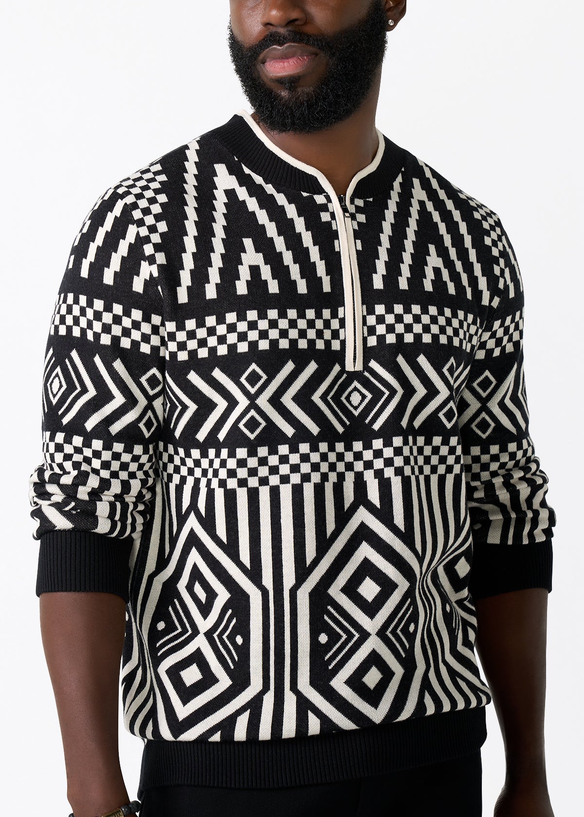 Kibo Men's African Print Quarter-Zip Sweater (Black Cream Tribal)