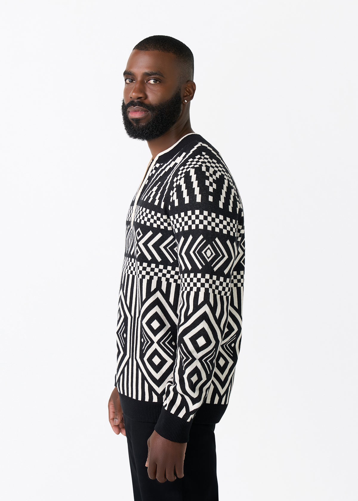Kibo Men's African Print Quarter-Zip Sweater (Black Cream Tribal)