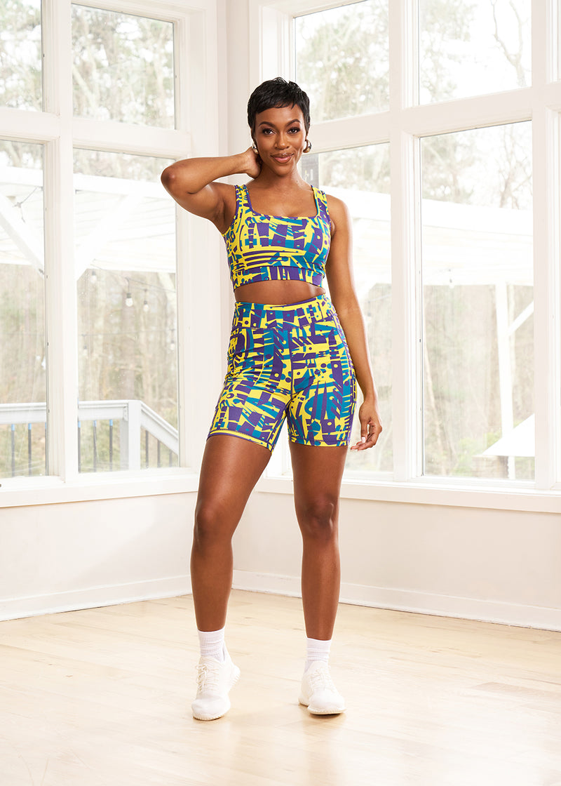 Kimba Women's African Print Biker Shorts (Neon Tropical Stamps)