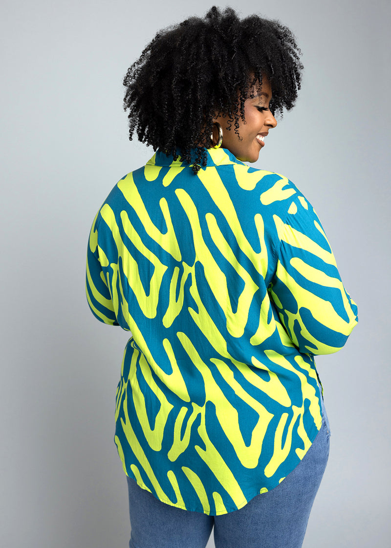 Kwamena Women's African Print Button-Up Shirt (Lime Zebra Abstract)