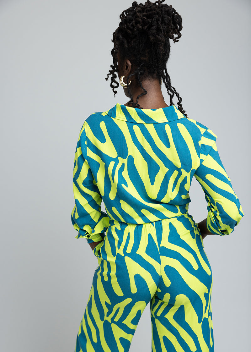 Kwamena Women's African Print Button-Up Shirt (Lime Zebra Abstract)