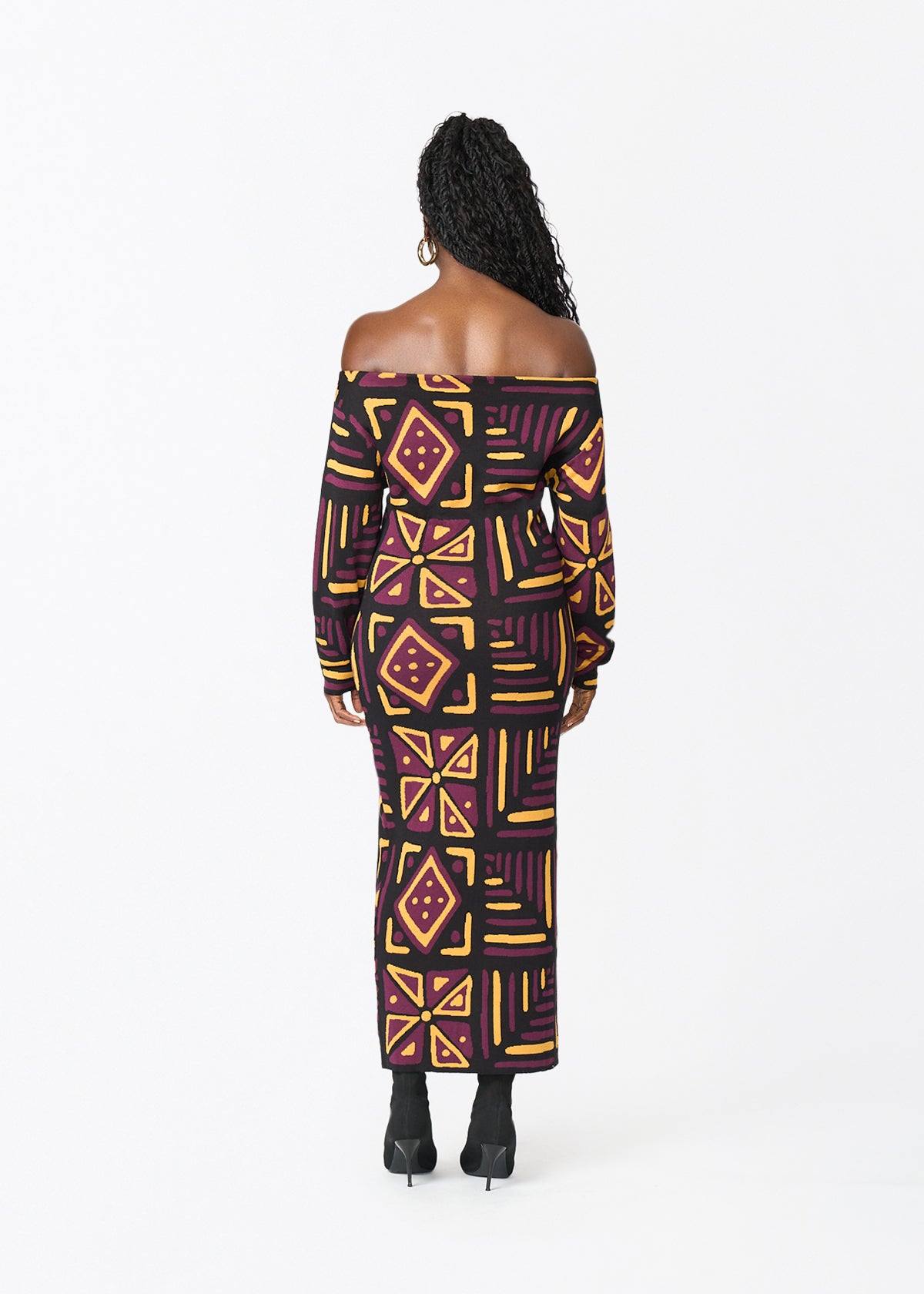 Ladi Women's African Print Sweater Dress (Plum Black Tribal) - D'IYANU