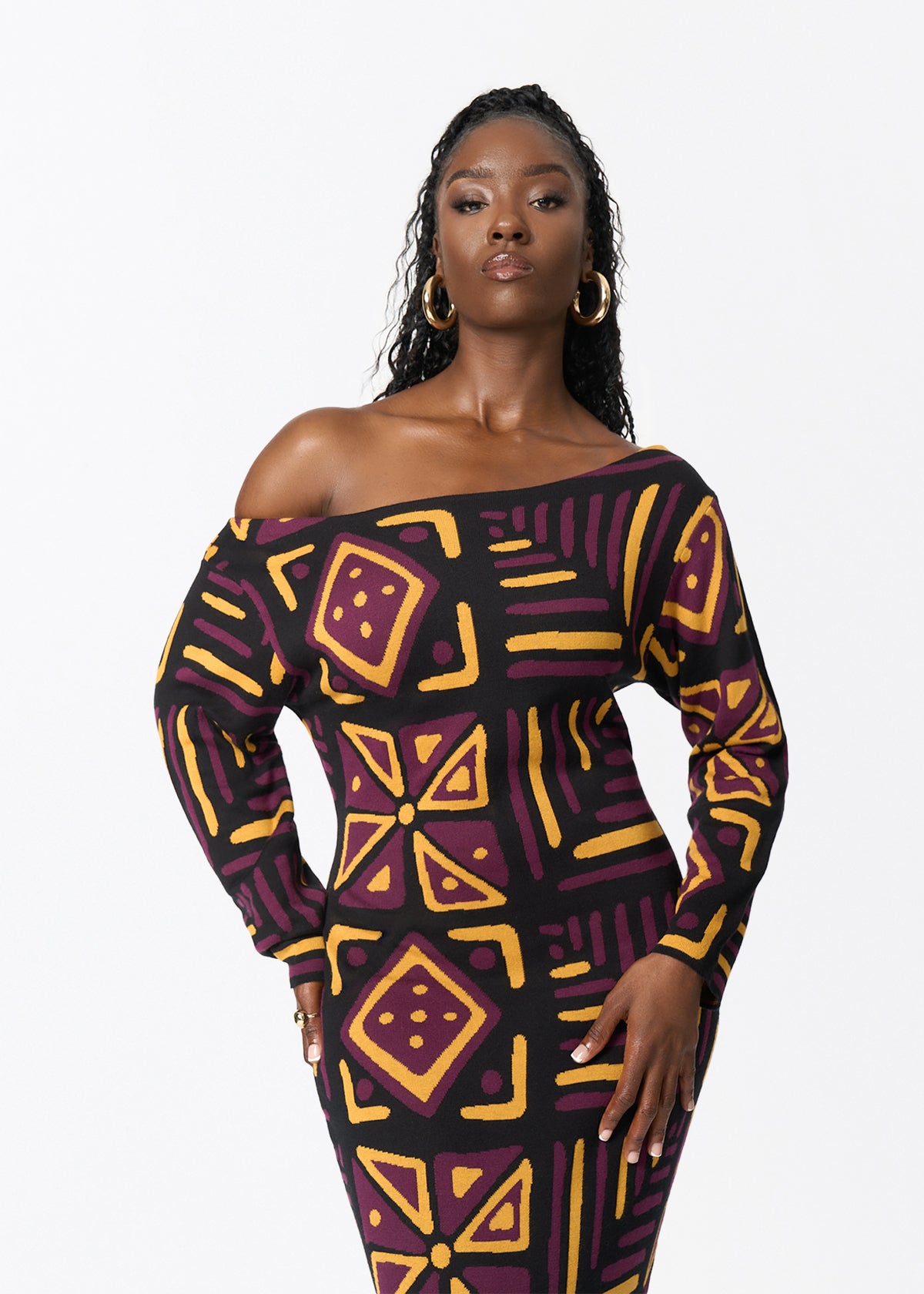 Ladi Women's African Print Sweater Dress (Plum Black Tribal) - D'IYANU