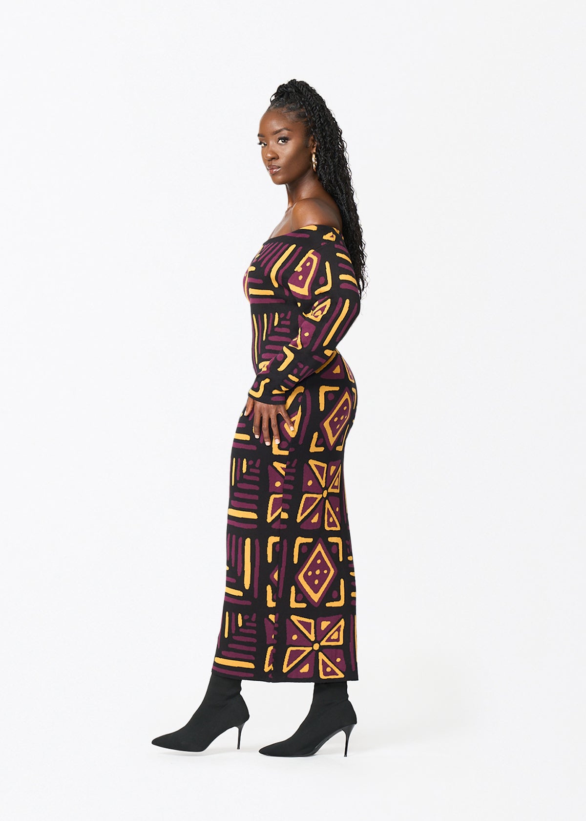 Ladi Women's African Print Sweater Dress (Plum Black Tribal) - D'IYANU