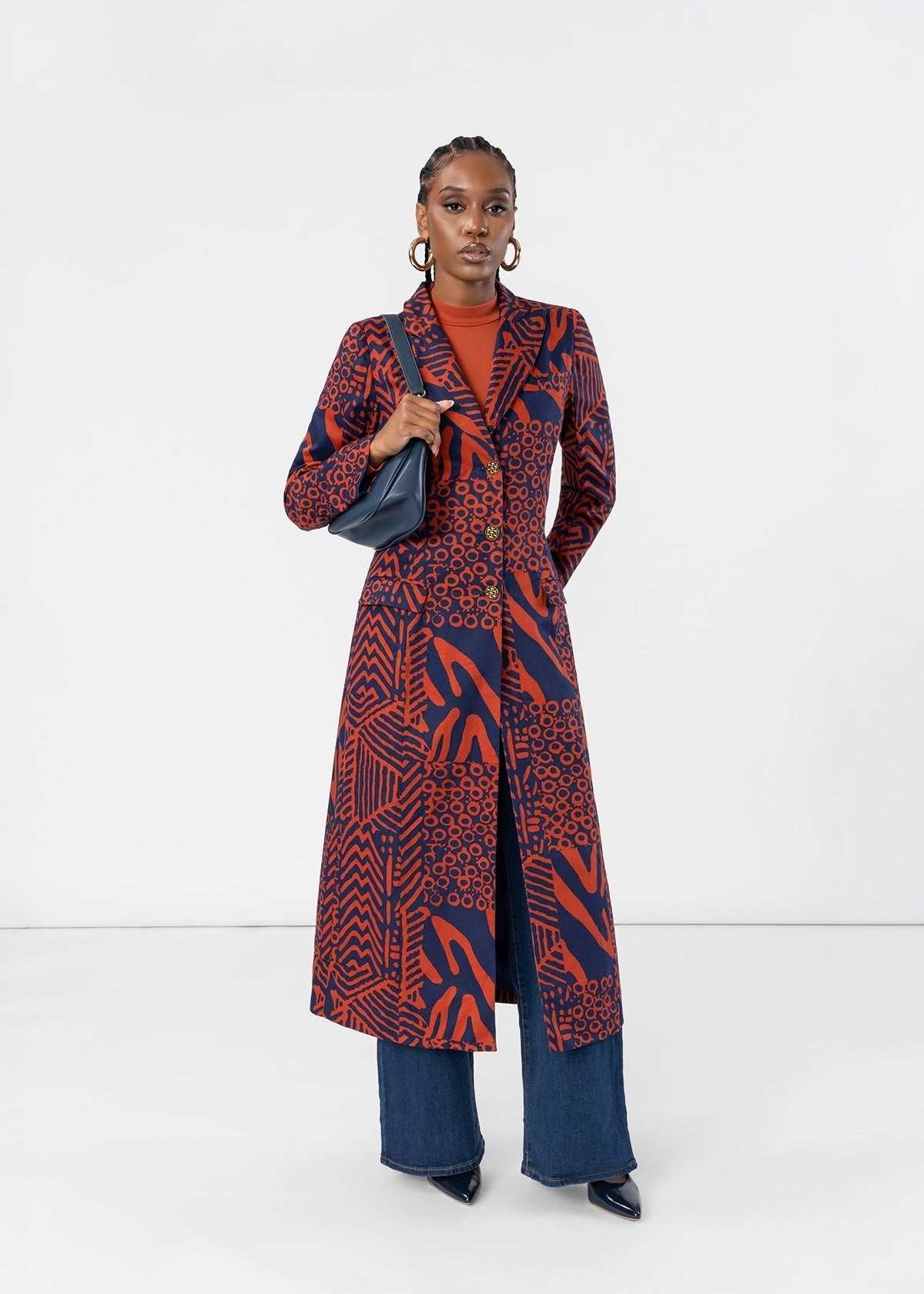 Laila Women's African Print Single Breasted Coat (Rust Navy Multipattern) - D'IYANU