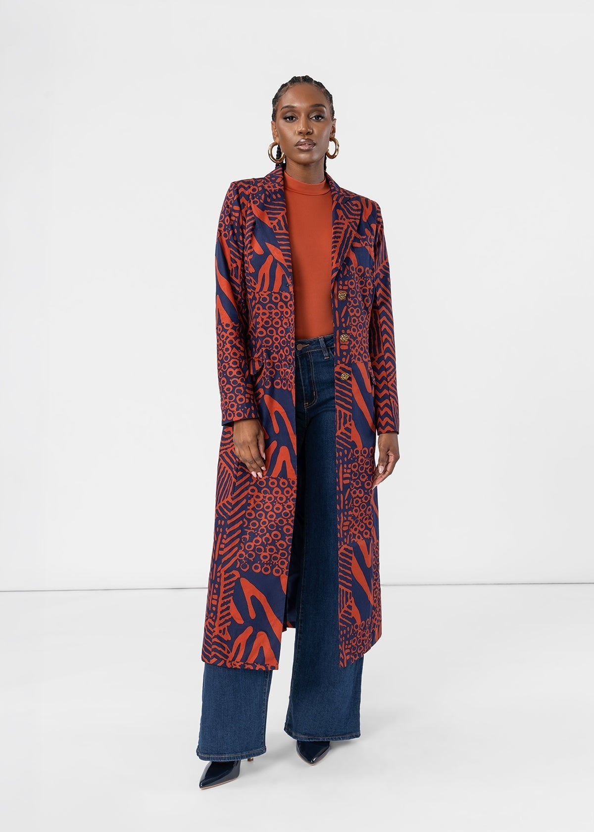 Laila Women's African Print Single Breasted Coat (Rust Navy Multipattern) - D'IYANU