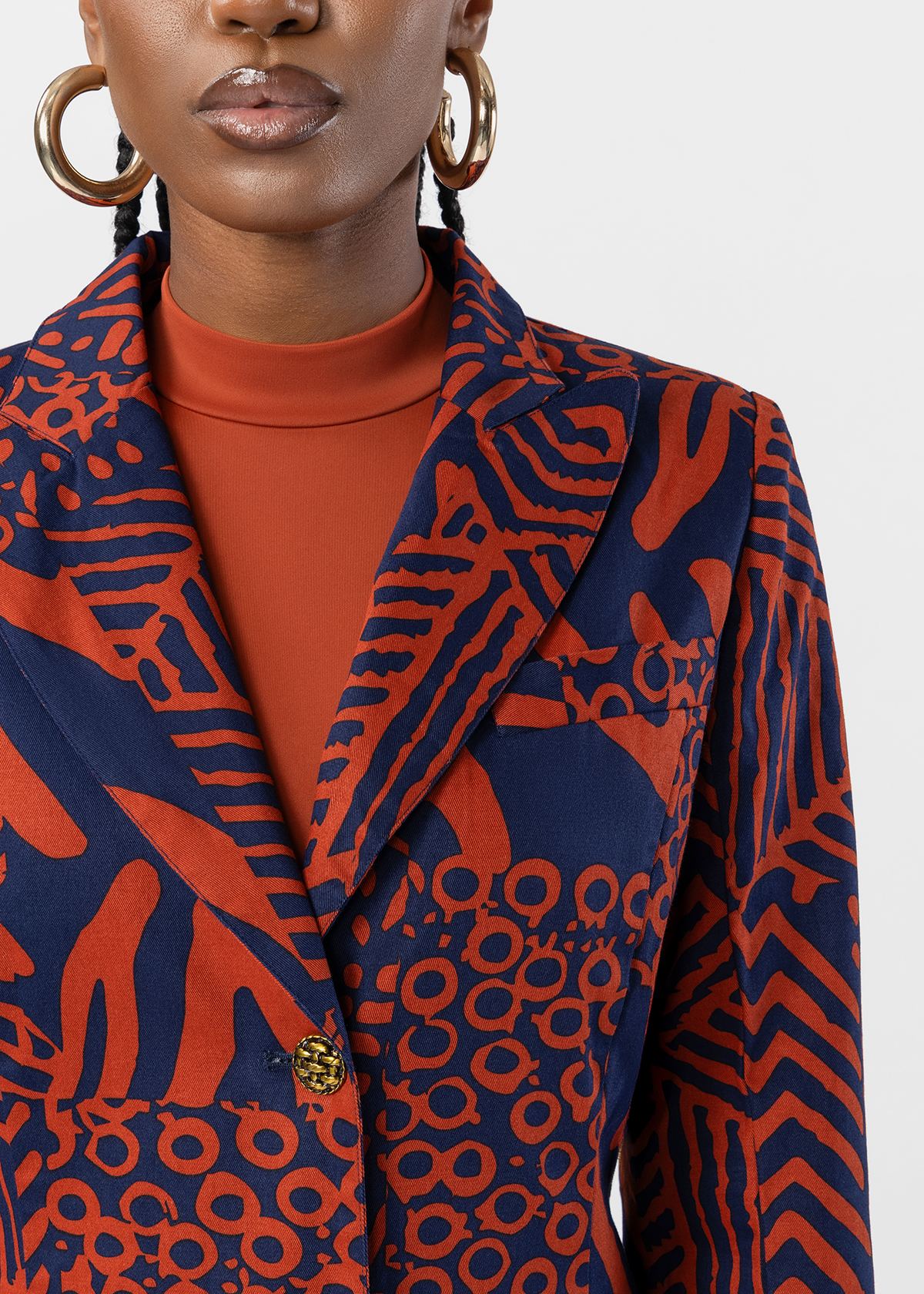 Laila Women's African Print Single Breasted Coat (Rust Navy Multipattern) - D'IYANU